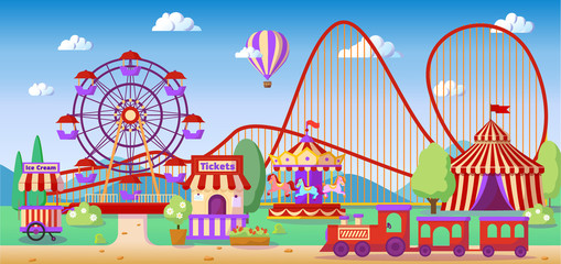 Amusement park panoramic lanscape, roller coaster, carousel, ferris wheel