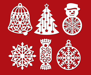 Set of Christmas decoration: bell, xmas tree, snowman, snowflake, candy, ball. Template for laser cutting, wood carving. Vector silhouette on red background. Cutout openwork toy with a lace ornament.