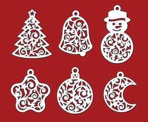 Set of Christmas decoration: xmas tree, snowman, bell, crescent, star, ball. Template for laser cutting, wood carving. Vector silhouette on red background. Openwork ornate toy with lace ornament.