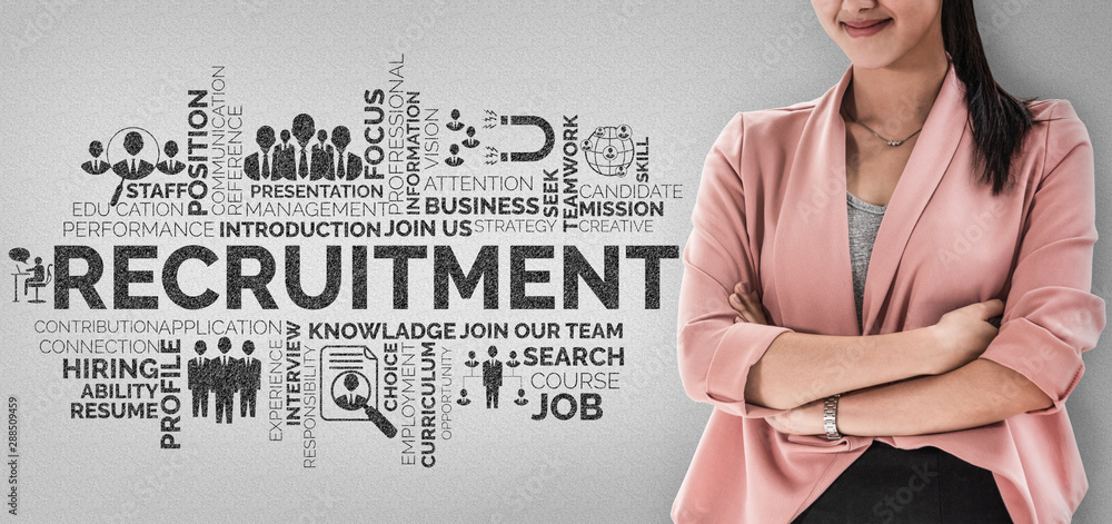 Poster human resources recruitment and people networking concept. modern graphic interface showing professi
