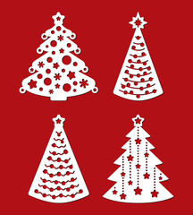 Set of Christmas trees with ball, snowflake, garland, star. Template for laser cutting, wood carving. Vector silhouette on red background. Cutout openwork toy with lace ornament. Decoration Xmas icon.