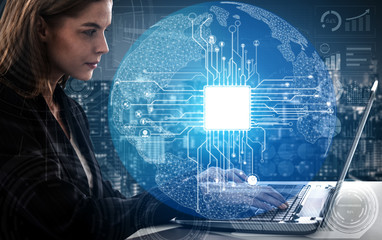 AI Learning and Artificial Intelligence Concept - Icon Graphic Interface showing computer, machine...