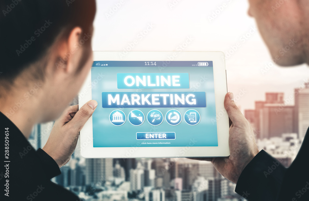 Poster digital marketing technology solution for online business concept - graphic interface showing analyt