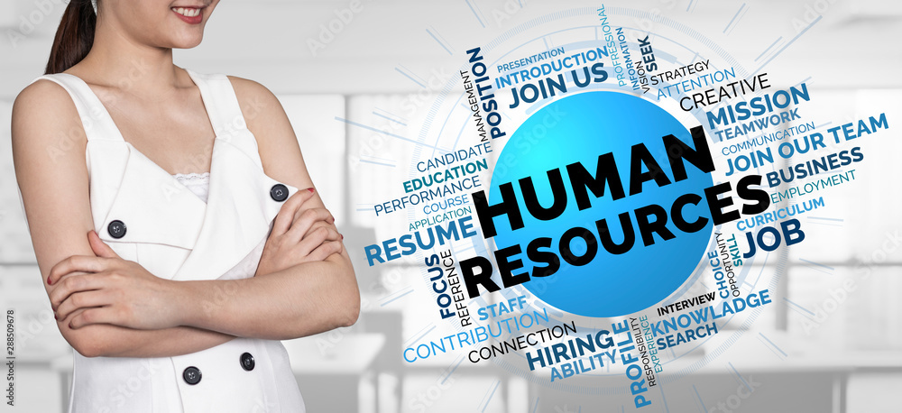 Poster human resources recruitment and people networking concept. modern graphic interface showing professi