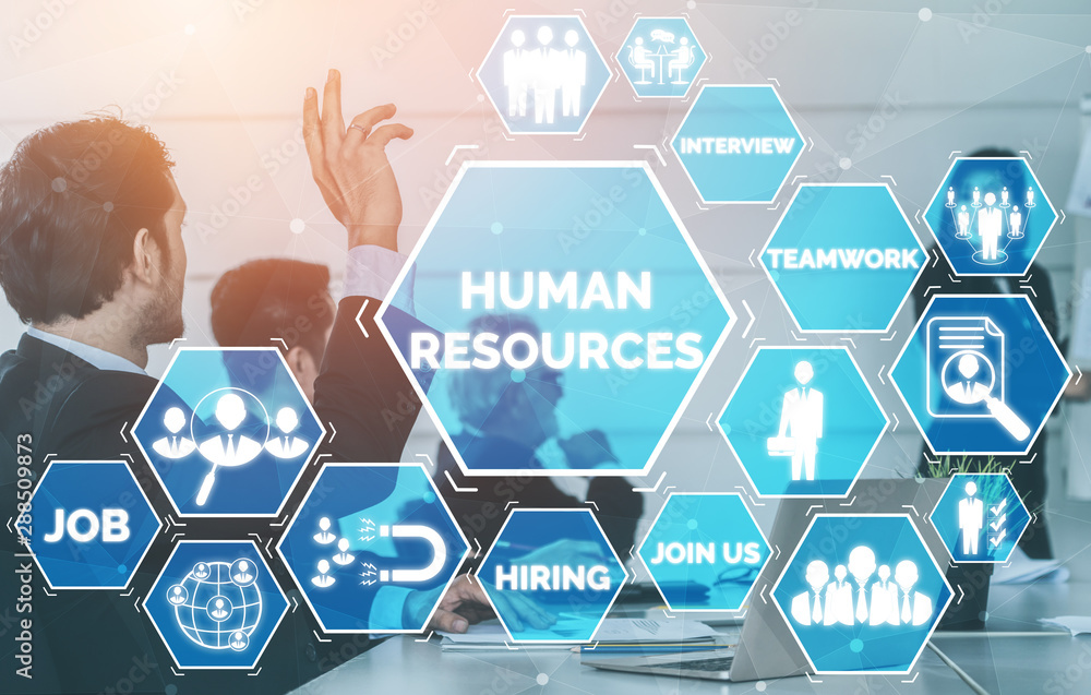 Poster human resources recruitment and people networking concept. modern graphic interface showing professi