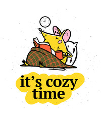 Vector illustration of cute hand drawn yellow mouse character sit in bed under blanket with coffee cup read book. Cozy winter evening time concept. For prints, banners, logo, hero images etc.