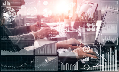 Big Data Technology for Business Finance Analytic Concept. Modern graphic interface shows massive...
