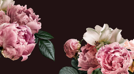 Blumenbanner, Blumenabdeckung oder Header mit Vintage-Blumensträußen. Rosa Pfingstrosen, weiße Rosen auf schwarzem Hintergrund isoliert. © RinaM