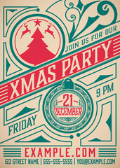 Retro Christmas party poster. Holidays flyer design. Vector illu