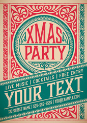 Retro Christmas party invitation. Holidays flyer or poster desig