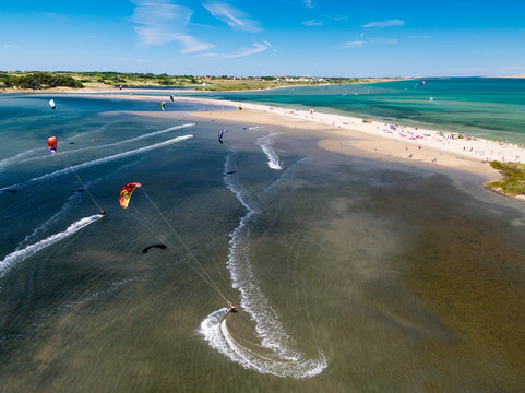Aerial scene of the kitesurfing in Nin, Croatia