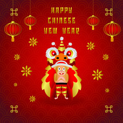 Rat and lion dance in celebration card of chinese rat year. Zodiac animal luck of 2020. Vector