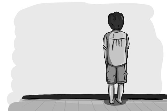 cartoon  child turning a wall - time out  illustration darwing grey colors 