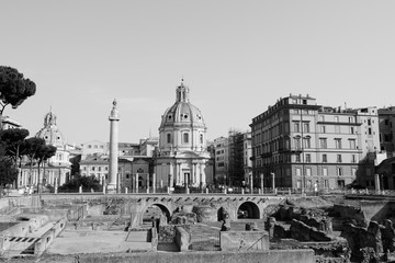 Panoramic view of Trajan's Forum and Column in Rome, far away the Church