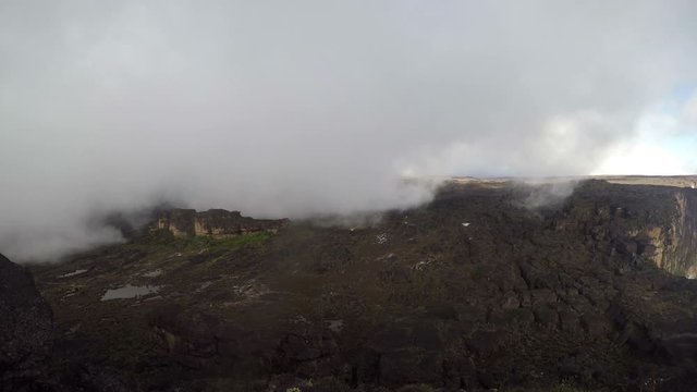 Clouds and fog on the top of Mount Roraima in the evening in Canaima national park in Venezuela. 