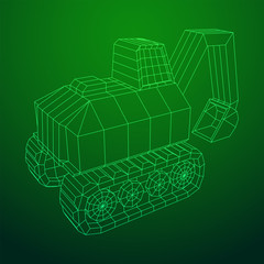 Excavator heavy equipment construction company. Wireframe low poly mesh vector illustration