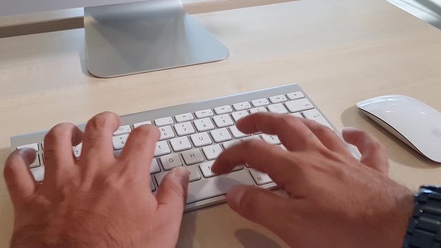 Keyboard Typing and Mouse Clicks, Business Man Using Wireless White Keyboard and Mouse