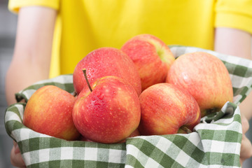 Basket with red apples in the hands of a child