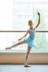 Beautiful girl posing in ballet studio. Cute little ballerina in beautiful costume practicing in dance class. Young graceful ballerina.