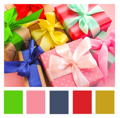 Color matching palette, Christmas holiday gift shopping background. View from above with copy space