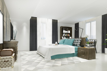 Naklejka na ściany i meble 3d rendering beautiful luxury blue bedroom suite in hotel with tv and working table