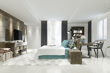 3d rendering beautiful luxury blue bedroom suite in hotel with tv and working table
