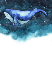 Whale swimming on the night sky among the star watercolor hand painting background.