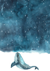 Whale swimming on the night sky among the star watercolor hand painting background.