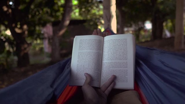 Slow motion shot of man laying in hammock while reading a book, first person view. Surrounded by nature.