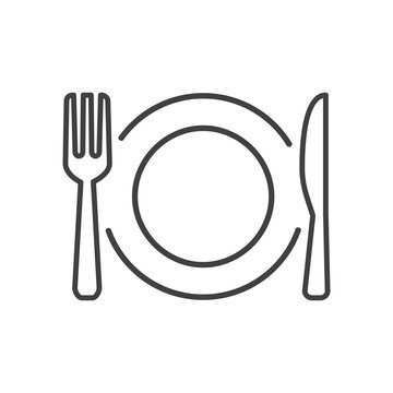 Plate, Fork And Knife Line Icons - Stock Vector