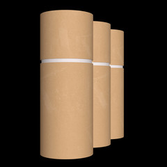 Kraft paper cardboard tube package mock up. 3d render on black background.