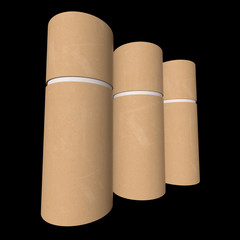 Kraft paper cardboard tube package mock up. 3d render on black background.