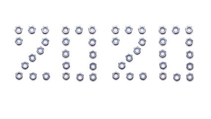 Pattern of metal nuts for bolts, numbers 2020 New Year, isolate on a white background. Spare parts for fastenings designs, Christmas card holiday greetings.