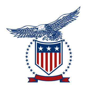 emblems with eagles and usa flags. Design element for poster, emblem, sign, logo, label. Vector illustration