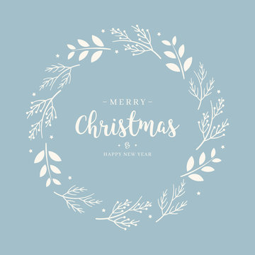 Merry Christmas Greeting Text Branch  Wreath Circle Blue Background