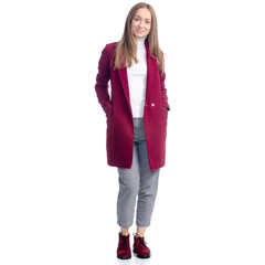 Woman in red coat standing looking autumn on white background isolation