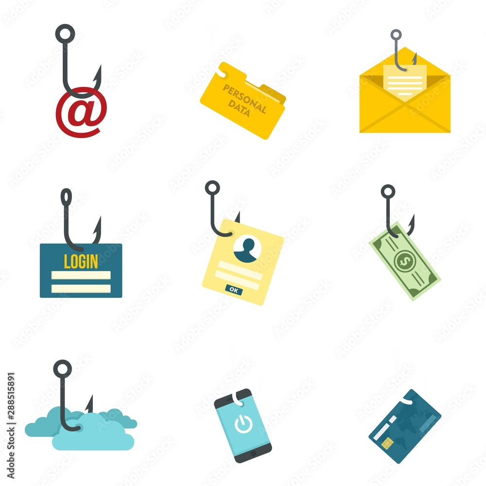 Aufkleber phishing icon set. flat set of phishing vector icons for web design