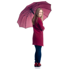 Woman in red coat standing with umbrella looking autumn cold rain on white background isolation, back view