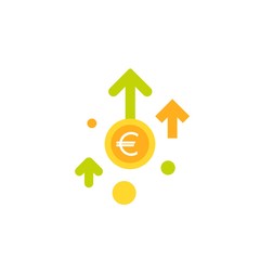 euro growth vector icon. gold korean won coin with three up arrows. Flat icon. Isolated on white.