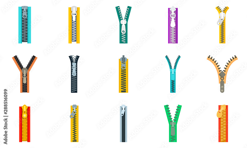 Poster zipper icon set. flat set of zipper vector icons for web design