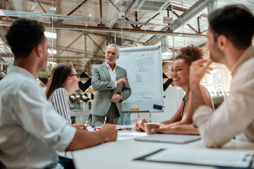 New business strategy. Mature businessman standing near whiteboard and explaining something to his...