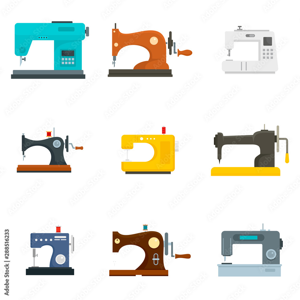 Poster sew machine icon set. flat set of sew machine vector icons for web design