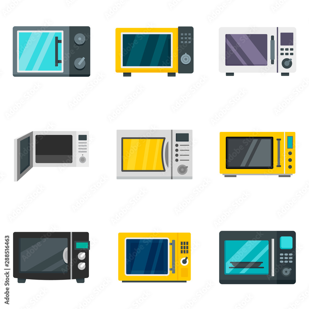 Poster microwave icon set. flat set of microwave vector icons for web design