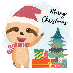 Cute happy smilling sloth flat vector with gift boxes and christmas tree in Santa hat, merry christmas