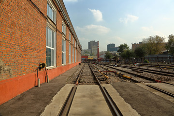 Naklejka premium The territory of the Severnoe electric depot for the maintenance and repair of trains and cars of the city metro. Moscow, Russia