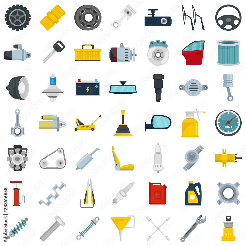 Poster car parts icon set. flat set of car parts vector icons for web design