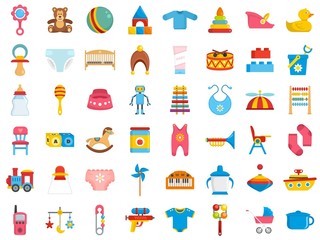 Baby items icon set. Flat set of baby items vector icons for web design