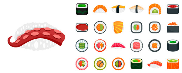 Sushi roll icon set. Flat set of sushi roll vector icons for web design