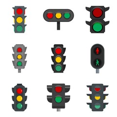Traffic lights icon set. Flat set of traffic lights vector icons for web design