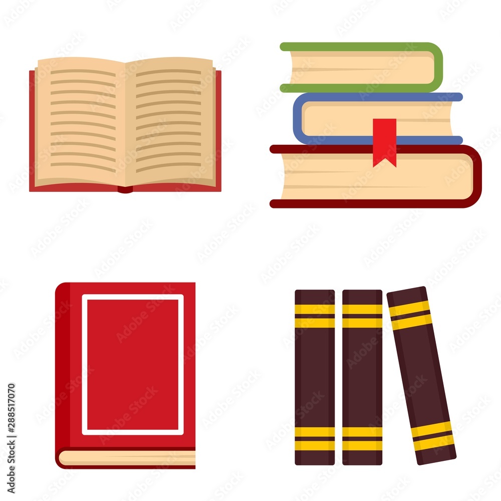 Poster library books icon set. flat set of library books vector icons for web design